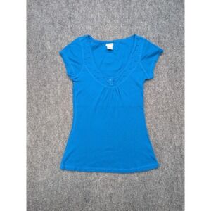 Y2K Henley Maurices Blue Cotton Top Womens Medium Short Sleeve Casual Vintage
